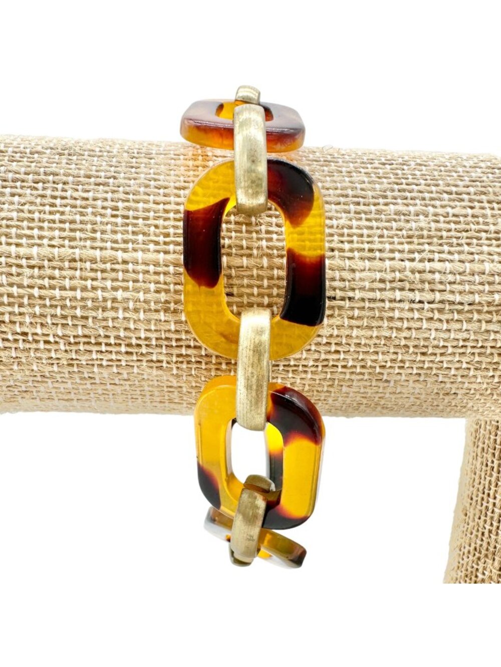 Tortoise Shell and Gold Tone Acrylic Link Bracelet With Toggle Clasp 7 Inch Long